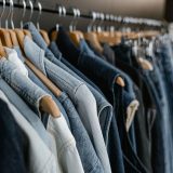 Portant de vêtements en denim suspendus sur des cintres en bois dans une boutique