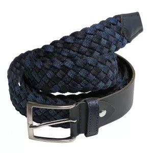 Ceinture tressée bleu marine à boucle argentée et embout en cuir