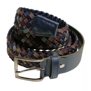 Ceinture tressée multicolore marron et bleu avec boucle métallique